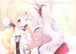 Rule 34 | 2girls, ;o, ahoge, animal ears, azur lane, bare shoulders, bed sheet, blonde hair, blush, breasts, closed eyes, closed mouth, commentary, commission, curtains, detached sleeves, dress, eldridge (azur lane), english commentary, facial mark, hair ornament, hairband, heart, heart ahoge, indoors, jacket, kiss, kissing cheek, laffey (azur lane), long hair, long sleeves, multiple girls, off shoulder, one eye closed, open clothes, open jacket, pantyhose, parted lips, pink jacket, pleated skirt, profile, puffy long sleeves, puffy sleeves, rabbit ears, red hairband, red skirt, renew vivi, silver hair, skirt, sleeveless, sleeveless dress, sleeves past wrists, small breasts, soles, strap slip, thighhighs, twintails, very long hair, white dress, white legwear, white sleeves, window, yuri