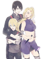 Rule 34 | 1girl, 2boys, :d, absurdres, black eyes, black pants, black skirt, blonde hair, boruto: naruto next generations, crop top, crossed arms, father and son, fishnet thighhighs, fishnets, floating hair, green eyes, grey jacket, grey shirt, grey thighhighs, groin, hair between eyes, hand on another&#039;s shoulder, highres, holding, holding weapon, jacket, layered skirt, long hair, midriff, miniskirt, mother and son, multiple boys, naruto (series), open mouth, pants, ponytail, purple skirt, sai (naruto), shirt, simple background, skirt, smile, spoilers, standing, stomach, suzu (tg 390), sweatdrop, thighhighs, two-tone skirt, very long hair, weapon, white background, yamanaka ino, yamanaka inojin