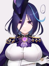 Rule 34 | 1girl, absurdres, arm under breasts, black hair, blue hair, blue hat, breast focus, breasts, buttons, clorinde (genshin impact), close-up, epaulettes, expressionless, genshin impact, gloves, hat, hat feather, highres, large breasts, long hair, looking at viewer, mizinkokanzume, purple eyes, solo, tricorne, vision (genshin impact), white gloves