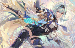 Rule 34 | 1girl, black thighhighs, blue hair, breasts, cape, chain, commentary, csyday, english commentary, eula (genshin impact), feathers, frilled sleeves, frills, genshin impact, gloves, greatsword, hair ornament, hairband, holding, holding sword, holding weapon, leaning forward, long hair, long sleeves, looking at viewer, medium breasts, necktie, open mouth, parted lips, purple eyes, reverse grip, solo, sparkle, sword, thighhighs, thighs, vision (genshin impact), weapon, wide sleeves, yellow eyes, zettai ryouiki