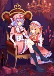 Rule 34 | 2girls, :&lt;, bat wings, black footwear, blonde hair, blue gemstone, blush, boots, bottle, bow, bowtie, brooch, chandelier, closed mouth, collared dress, commentary, cross-laced footwear, crossed legs, crystal, cup, curtains, dress, drinking glass, flandre scarlet, flower, fork, frilled dress, frills, full body, gem, hair between eyes, hat, hat bow, highres, holding, holding cup, holding fork, indoors, jewelry, knee boots, kneehighs, kneeling, long hair, looking at viewer, mary janes, mob cap, multiple girls, one side up, petals, pink dress, pink headwear, puffy short sleeves, puffy sleeves, purple hair, red bow, red dress, red eyes, red flower, red rose, remilia scarlet, rose, rose petals, shiro0 0iro, shirt, shoes, short hair, short sleeves, siblings, sisters, sitting, sleeve cuffs, sleeveless, sleeveless dress, socks, throne, touhou, white headwear, white shirt, white socks, wine bottle, wine glass, wings, yellow bow, yellow bowtie