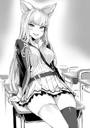Rule 34 | 10s, 1girl, alternate costume, animal ears, arm support, asanagi, between breasts, blunt bangs, blush, breasts, casual, desk, erune, fang, granblue fantasy, greyscale, grin, highres, korwa, lips, long hair, looking at viewer, medium breasts, monochrome, on desk, school uniform, sitting, on desk, skindentation, smile, solo, thighhighs, thighs