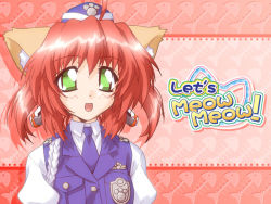 Rule 34 | 1girl, ahoge, aiguillette, android, animal ears, badge, border, buttons, cat ears, copyright name, english text, fish bone, flat chest, game cg, garrison cap, green eyes, hair between eyes, hat, high collar, koboshi, looking at viewer, minna de nyan nyan, necktie, police, police uniform, policewoman, polka dot, polka dot background, red hair, robot ears, shadow, shirt, short hair, short twintails, sirpent, solo, twintails, uniform, upper body, vest