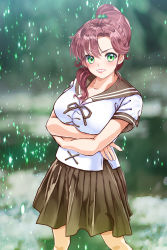 Rule 34 | 1girl, absurdres, arion canvas, bishoujo senshi sailor moon, blurry, blurry background, blush, breasts, brown hair, cleavage, clenched teeth, crossed arms, female focus, green eyes, hair over shoulder, high ponytail, highres, kino makoto, large breasts, legs, legs apart, light blush, long hair, looking at viewer, ponytail, school uniform, simple background, skirt, smile, solo, standing, teeth, thighs