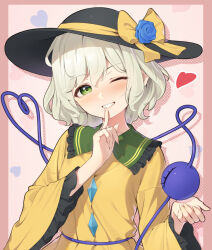Rule 34 | 1girl, black hat, blue flower, bow, flower, green eyes, green hair, hat, heart, jacket, kanpa (campagne 9), komeiji koishi, looking at viewer, one eye closed, pink background, smile, solo, touhou, yellow bow, yellow jacket