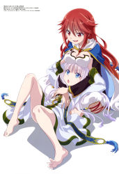 Rule 34 | 2girls, absurdres, arms around neck, barefoot, blue cape, blunt bangs, breast hold, breasts, cape, cleavage, clothes lift, dress, artistic error, feet, grabbing, grabbing another&#039;s breast, hair between eyes, hair ornament, highres, horii kumi, indian style, kenja no deshi wo nanoru kenja, large breasts, light purple hair, long hair, long sleeves, looking at another, luminaria (kenja), lying, mira (kendeshi), multiple girls, official art, open mouth, promotional art, red eyes, red hair, simple background, sitting, skirt, skirt lift, smile, toes, v-shaped eyebrows, white background, white dress, wrong foot, yuri