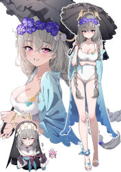 Rule 34 | 2girls, absurdres, alternate costume, bare legs, black umbrella, blue archive, blush, braid, breasts, chibi, chibi inset, cleavage, closed eyes, collarbone, cropped torso, full body, grey hair, groin, habit, hanako (blue archive), head wreath, highleg, highleg swimsuit, highres, holding, holding clothes, holding swimsuit, holding umbrella, large breasts, looking at viewer, multiple girls, multiple views, one-piece swimsuit, pink eyes, pizzasi, sakurako (blue archive), simple background, smile, sweatdrop, swimsuit, translated, twin braids, umbrella, upper body, white background, white one-piece swimsuit
