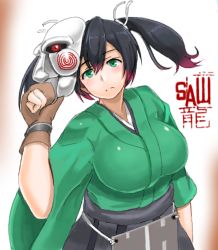 Rule 34 | 10s, 1girl, billy the puppet, blue hair, breasts, gloves, green eyes, hair ribbon, japanese clothes, kantai collection, kimono, large breasts, looking at viewer, mask, partially fingerless gloves, partly fingerless gloves, pleated skirt, pun, ribbon, saizu nitou gunsou, saw (movie), skirt, souryuu (kancolle), twintails, yugake