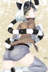 Rule 34 | 1girl, absurdres, animal ears, ass, black hair, closed mouth, clothing cutout, collared jacket, commentary request, extra ears, eyewear on head, from behind, grey shorts, hand up, high collar, highres, jacket, kemono friends, leaning forward, lemur ears, lemur tail, long sleeves, looking at viewer, looking back, medium hair, mine tsukasa, multicolored hair, pocket, ring-tailed lemur (kemono friends), shirt, shoes, short shorts, shorts, smile, solo, striped, striped tail, sunglasses, tail, tail through clothes, thighhighs, two-tone hair, white hair, yellow eyes