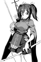 Rule 34 | 10s, 1girl, arrow (projectile), bow (weapon), breasts, detached sleeves, female focus, gloves, greyscale, japanese clothes, kantai collection, ken (koala), large breasts, looking at viewer, md5 mismatch, monochrome, nontraditional miko, original, plaid, plaid skirt, short hair, simple background, skirt, smile, solo, souryuu (kancolle), twintails, weapon, white background, zuikaku (kancolle)