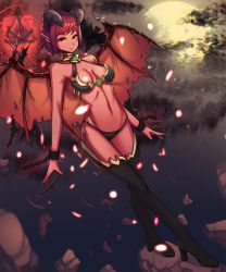 Rule 34 | 1girl, bad id, bad pixiv id, bikini, black bikini, boots, breasts, chain, clyde s, colored skin, demon, demon girl, demon wings, full moon, horns, large breasts, looking at viewer, moon, navel, night, original, pointy ears, red eyes, red hair, red skin, short hair, solo, swimsuit, wings