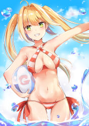 Rule 34 | 1girl, bad id, bad pixiv id, ball, beachball, bikini, blonde hair, blush, breasts, cleavage, day, earrings, fate/grand order, fate (series), green eyes, grin, hair intakes, halterneck, highres, jewelry, large breasts, long hair, looking at viewer, navel, nero claudius (fate), nero claudius (fate) (all), nero claudius (swimsuit caster) (fate), ocean, outdoors, smile, solo, standing, swimsuit, tailam, teeth, twintails, wading
