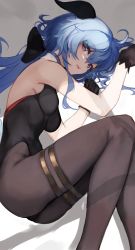 Rule 34 | 1girl, absurdres, ass, bad id, bad pixiv id, bare arms, bare shoulders, black gloves, black leotard, blue hair, bow, breasts, brown pantyhose, ganyu (genshin impact), genshin impact, gloves, goat horns, hair bow, highleg, highleg leotard, highres, horns, leotard, long hair, looking at viewer, lumo 1121, lying, medium breasts, on side, open mouth, pantyhose, purple eyes, solo, thighlet