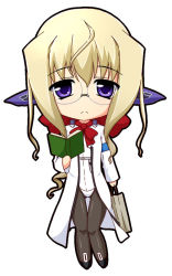 Rule 34 | 1girl, blonde hair, bodysuit, book, chibi, female focus, frown, glasses, kyoukaisenjou no horizon, long hair, pointy ears, purple eyes, solo, thomas shakespeare