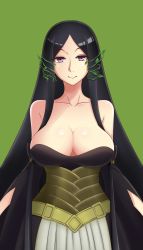 Rule 34 | 1girl, absurdres, arsim, bare shoulders, black hair, breasts, cleavage, closed mouth, collarbone, corset, detached sleeves, dress, green background, hair ornament, highres, large breasts, long hair, looking at viewer, mahou tsukai no yome, parted bangs, plant, purple eyes, sidelocks, simple background, smile, solo, strapless, strapless dress, titania (mahou tsukai no yome), upper body, very long hair, vines, wide sleeves