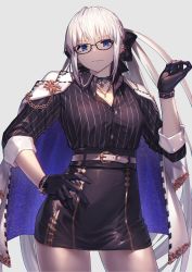 Rule 34 | 1girl, absurdres, belt, black bow, black gloves, black shirt, black skirt, blue eyes, bow, braid, breasts, choker, cleavage, collared shirt, earrings, fate/grand order, fate (series), french braid, glasses, gloves, grey hair, hair bow, highres, jacket, jacket on shoulders, jewelry, large breasts, long hair, long sleeves, looking at viewer, morgan le fay (fate), nakanishi tatsuya, necklace, pencil skirt, ponytail, shirt, sidelocks, skirt, solo, striped clothes, striped shirt, thighs, vertical-striped clothes, vertical-striped shirt, very long hair, white jacket