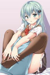 Rule 34 | 10s, 1girl, aqua eyes, aqua hair, bad id, bad pixiv id, blush, bow, bowtie, breasts, brown legwear, brown skirt, brown vest, chestnut mouth, feet, frilled skirt, frills, hair ornament, hairclip, hands on feet, highres, kantai collection, leg lift, long hair, looking at viewer, medium breasts, nijimoto hirok, no shoes, open mouth, pillow, plantar flexion, pleated skirt, purple background, red bow, red bowtie, remodel (kantai collection), shirt, skirt, solo, suzuya (kancolle), sweater vest, toes, vest, white shirt