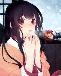 Rule 34 | 10s, 1girl, akagi (kancolle), black hair, breathing on hands, flower, fuyuneko, haori, japanese clothes, jewelry, kantai collection, long hair, red eyes, ring, solo