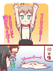 Rule 34 | 2koma, 3girls, = =, aoba moca, bang dream!, black choker, black hair, blouse, blue eyes, blue skirt, blush, bob cut, brown hair, choker, clothes writing, comic, commentary request, faceless, faceless female, floral print, flying sweatdrops, food, grey hair, halftone, halftone background, hands up, hazawa tsugumi, highres, holding, holding food, ice cream, jitome, kyou (fr39), looking at viewer, melting, mitake ran, multiple girls, see-through, see-through sleeves, shirt, short hair, shorts, skirt, sleeveless, sleeveless shirt, suspender shorts, suspenders, sweatdrop, translation request, triangle mouth, white shirt