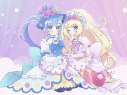 Rule 34 | 2girls, apron, back bow, blonde hair, blue eyes, blue hair, blunt bangs, blush, bow, bridal veil, brooch, commentary, cure finale, cure finale (party up style), cure spicy, cure spicy (party up style), fuwa kokone, gloves, green eyes, head wreath, heart, heart brooch, highres, huge bow, jewelry, kasai amane, long sleeves, magical girl, multiple girls, one eye closed, precure, side ponytail, smile, swept bangs, umiyuki (umi chu), veil, white bow, white gloves, wide ponytail