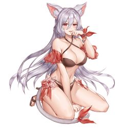 Rule 34 | 1girl, animal ear fluff, animal ears, bare shoulders, between legs, bikini, black bikini, breasts, cat ears, cat girl, cat tail, chain, cleavage, collarbone, criss-cross halter, hair between eyes, halterneck, hand up, high heels, king&#039;s raid, kirze, large breasts, long hair, looking at viewer, navel, non-web source, official art, red eyes, ribbon, sandals, silver hair, sitting, solo, stomach, swimsuit, tail, tail ornament, tail ribbon, thighs, tongue, tongue out, transparent background, wariza, wrist ribbon