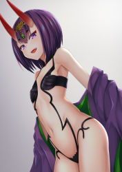 Rule 34 | 1girl, absurdres, bare shoulders, blush, bob cut, breasts, collarbone, eyeliner, fate/grand order, fate (series), headpiece, highres, horns, japanese clothes, kimono, long sleeves, looking at viewer, makeup, navel, off shoulder, oni, open mouth, purple eyes, purple hair, purple kimono, revealing clothes, short hair, shuten douji (fate), skin-covered horns, small breasts, smile, solo, thighs, wide sleeves, yamachi (xadp7533)