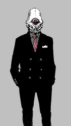 black pants, black suit, cyberpunk, cyclops, formal, grey background, grey shirt, greyscale, hands in pockets, heisy ss, highres, looking at viewer, monochrome, necktie, one-eyed, original, pants, robot, science fiction, shirt, spot color, standing, suit