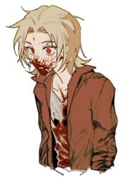 Rule 34 | 1boy, blood, blood on chest, blood on clothes, blood on face, brown jacket, chinese commentary, commentary request, grey shirt, highres, jacket, josephen, light brown hair, long sleeves, male focus, open clothes, open jacket, parted bangs, red eyes, saibou shinkyoku, shinano eiji, shirt, short hair, simple background, solo, upper body, white background, wide-eyed