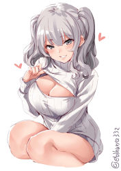 Rule 34 | 1girl, alternate costume, bare legs, breasts, cleavage cutout, clothing cutout, cropped legs, dress, ebifurya, grey eyes, grey sweater, head tilt, heart, highres, kantai collection, kashima (kancolle), large breasts, lifted by self, lips, long hair, long sleeves, looking at viewer, meme attire, one-hour drawing challenge, open-chest sweater, parted lips, ribbed sweater, sidelocks, silver hair, simple background, solo, spoken heart, sweater, sweater dress, thighs, tsurime, turtleneck, turtleneck sweater, twintails, twitter username, wavy hair, white background