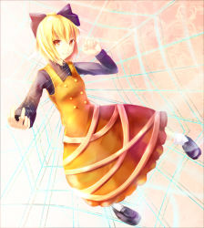 Rule 34 | 1girl, bandages, blonde hair, bow, buttons, dress, female focus, full body, gradient background, hair bow, kurodani yamame, loafers, looking at viewer, sakura ani, shoes, short hair, silk, smile, solo, spider web, touhou, white background, yellow eyes