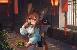 Rule 34 | 1girl, ahoge, animal ear fluff, animal ears, bad id, bad twitter id, black eyes, blurry, blurry foreground, bowl, bright pupils, brown hair, counter, deer ears, deer girl, deer tail, eating, food in mouth, furry, furry female, herb, high ponytail, highres, indoors, kawarage yatano, lantern, leaf, light particles, mortar (bowl), original, paintbrush, pestle, plant, potted plant, sash, shorts, solo, tail, white pupils, window, wrist wrap