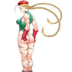 Rule 34 | 1girl, ahoge, ass, ass grab, ass press, bare shoulders, beret, blonde hair, blue eyes, bodypaint, braid, breasts, cammy white, camouflage, capcom, covered erect nipples, curvy, fingerless gloves, gloves, grabbing own ass, green leotard, hands on own ass, hat, highleg, highleg leotard, huge ahoge, huge ass, leotard, long braid, long hair, looking at viewer, looking back, medium breasts, muscular, muscular female, padded gloves, red gloves, red hat, scar, shiny skin, shu-mai, skin tight, sleeveless, solo, standing, street fighter, street fighter ii (series), thighs, thong leotard, twin braids, very long hair, white background, wide hips