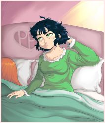 Rule 34 | bed, bed sheet, bedroom, black hair, buttercup (ppg), buttercup redraw challenge (meme), green eyes, half-closed eyes, hand over head, luichi88, meme, messy hair, nightgown, powerpuff girls