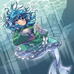 Rule 34 | 1girl, blue eyes, blue hair, blush, bubble, fins, frilled kimono, frills, full body, head fins, ini (inunabe00), japanese clothes, kimono, light rays, looking at viewer, matching hair/eyes, mermaid, monster girl, obi, sash, smile, solo, sunbeam, sunlight, touhou, underwater, wakasagihime, webbed hands, wide sleeves
