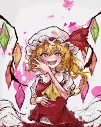 Rule 34 | 1girl, ascot, blonde hair, commentary request, crystal, fangs, flandre scarlet, grey background, hat, hat ribbon, heart, heart-shaped pupils, highres, looking at viewer, medium hair, mob cap, myui17901139, one side up, open mouth, red eyes, red ribbon, red vest, ribbon, shirt, short sleeves, solo, stain, symbol-shaped pupils, touhou, upper body, vest, white hat, white shirt, wings, yellow ascot