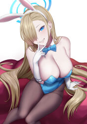 Rule 34 | 1girl, absurdres, animal ears, asuna (blue archive), asuna (bunny) (blue archive), blonde hair, blue archive, blue bow, blue bowtie, blue eyes, blue leotard, bow, bowtie, breasts, brown pantyhose, cleavage, detached collar, fake animal ears, gloves, grin, hair over one eye, hairband, halo, highres, kumiko shiba, large breasts, leotard, long hair, looking at viewer, mole, mole on breast, official alternate costume, pantyhose, playboy bunny, sitting, smile, solo, v, very long hair, white gloves, white hairband