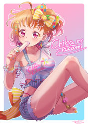 Rule 34 | 1girl, a chika-tastic summer (love live!), absurdres, alternate hairstyle, antenna hair, aqua nails, artist name, artist request, bare legs, bare shoulders, bikini, bikini under clothes, blue pants, blue shorts, blush, bow, bracelet, braid, breasts, bridal garter, cleavage, clothes writing, collarbone, earrings, female focus, food, food-themed hair ornament, hair bow, hair ornament, hairclip, halterneck, heart (symbol), highres, holding, holding food, jewelry, knees up, looking at viewer, love live!, love live! school idol festival, love live! school idol festival all stars, love live! sunshine!!, medium breasts, medium hair, nail, nail polish, off-shoulder shirt, off shoulder, open fly, orange bow, orange hair, orange hair ornament, orange nails, pants, parted bangs, parted lips, pearl bracelet, pink bikini, polka dot, polka dot bow, ponytail, popsicle, red eyes, ribbon, see-through, see-through shirt, see-through sleeves, shirt, short hair, short sleeves, shorts, side braid, side ponytail, single braid, sitting, smile, solo, strap slip, striped bikini, striped bow, striped clothes, striped pants, striped shorts, striped tank top, suspenders, suspenders hanging, swimsuit, takami chika, tank top, thighlet, triangle hair ornament, two-tone bikini, vertical-striped clothes, vertical-striped shorts, wrist bow, yellow bow, yellow ribbon