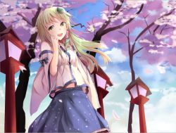 Rule 34 | 1girl, :d, cherry blossoms, detached sleeves, frog hair ornament, green hair, h.l., hair ornament, hair tubes, kochiya sanae, lamp, open mouth, petals, skirt, smile, snake hair ornament, solo, touhou, vest, yellow eyes