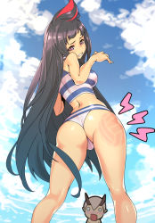 Rule 34 | 1boy, 1girl, ass, ass focus, back, ball, bikini, black hair, blue sky, breasts, chibi, chibi inset, cloud, cloudy sky, day, destiny child, embarrassed, from behind, from below, genderswap, genderswap (mtf), highres, long hair, master (destiny child), medium breasts, multicolored hair, outdoors, pain, purple eyes, red hair, sky, solo focus, spanked, standing, streaked hair, striped bikini, striped clothes, swimsuit, tankini, tomoyuki kotani, two-tone hair, updo, very long hair, volleyball, volleyball (object), wince