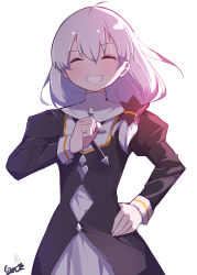 Rule 34 | 1girl, absurdres, artist name, blush, closed eyes, cowboy shot, gar32, grey background, grey hair, hair between eyes, hand on own hip, hand on own chest, highres, honkai (series), honkai impact 3rd, simple background, smile, solo, theresa apocalypse, theresa apocalypse (valkyrie pledge), white background
