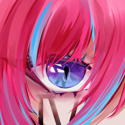 Rule 34 | 1girl, absurdres, blue hair, character name, eye focus, eyelashes, highres, hou zhu, league of legends, looking at viewer, multicolored hair, pink hair, purple eyes, solo, streaked hair, two-tone hair, vi (league of legends)