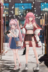 Rule 34 | 2girls, absurdres, alternate costume, bag, bare legs, bare shoulders, bespectacled, blue skirt, blurry, blurry background, blush, breasts, brown skirt, camera, casual, contemporary, copo, crop top, full body, genshin impact, glasses, hair flaps, hand on own hip, height difference, highres, holding, holding camera, jacket, large breasts, long hair, midriff, multiple girls, navel, off shoulder, open clothes, open jacket, outdoors, parted lips, pink hair, pleated skirt, purple eyes, sangonomiya kokomi, shirt, shoes, skirt, sneakers, sports bra, standing, stomach, thigh strap, very long hair, white jacket, white shirt, yae miko