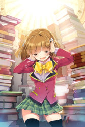 Rule 34 | 1girl, annoyed, black thighhighs, blazer, blonde hair, blush, book, book stack, bow, bowtie, breasts, brown hair, cherrypin, covering own ears, closed eyes, hair ornament, jacket, library, long sleeves, lowres, lucca (sword girls), medium breasts, plaid, plaid skirt, school, school uniform, short hair, skirt, solo, sword girls, tears, thighhighs, too many, too many books, tower of books, zettai ryouiki