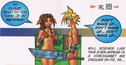 Rule 34 | 1boy, 1girl, aerith gainsborough, breasts, cloud strife, english text, final fantasy, final fantasy vii, magazine (object), nude, psm, speech bubble, sword, weapon