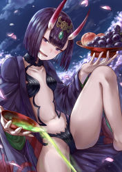 Rule 34 | 1girl, :d, alcohol, bare legs, barefoot, blue sky, blush, breasts, cloud, collarbone, commentary request, cup, day, fangs, fate/grand order, fate (series), food, fruit, gohei (aoi yuugure), grapes, headpiece, highres, holding, horns, japanese clothes, kimono, navel, oni, open clothes, open kimono, open mouth, outdoors, peach, petals, purple eyes, purple hair, purple kimono, revealing clothes, sakazuki, sake, short hair, shuten douji (fate), skin-covered horns, sky, small breasts, smile, solo