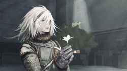 Rule 34 | 1boy, absurdres, armor, blue eyes, commentary request, eshi (eshi lv3), flower, from side, gloves, hair between eyes, hair ornament, highres, holding, holding flower, long hair, looking ahead, lunar tear, male focus, monochrome, nier, nier (series), nier (brother), parted lips, smile, solo, upper body, white flower, white hair