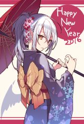Rule 34 | 10s, 1girl, 2016, cowboy shot, fangs, floral print, flower, from behind, furisode, hair flower, hair ornament, hair up, happy new year, highres, hijiri (resetter), japanese clothes, kanzashi, kimono, looking at viewer, new year, obi, oil-paper umbrella, pointy ears, sash, silver hair, simple background, sketch, solo, umbrella, white background, yellow eyes