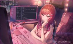 Rule 34 | 1girl, air pods, charging device, chihiro ayaka, computer, copyright notice, earrings, hair ornament, hairclip, hololive, hololive dev is, ichijou ririka, jewelry, keyboard (computer), long hair, looking at viewer, official art, orange hair, phone, red eyes, red nails, ring, shirt, smile, virtual youtuber, watch, wristwatch