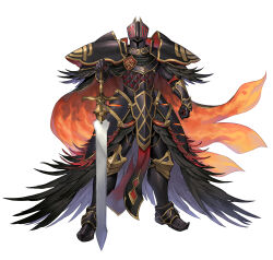 Rule 34 | 1boy, absurdres, armor, black cape, black knight (fire emblem), black knight (resplendent) (fire emblem), cape, feather trim, fire emblem, fire emblem: path of radiance, fire emblem heroes, gauntlets, greaves, helmet, highres, looking at viewer, multicolored cape, multicolored clothes, nintendo, orange cape, solo, sword, tachi-e, weapon