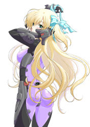 Rule 34 | ass, black gloves, blonde hair, blue bow, bow, breasts, fortified suit, from behind, gloves, green eyes, hair bow, hands in hair, highres, kamon rider, liz hohenstein, long hair, looking at viewer, looking back, medium breasts, muv-luv, muv-luv alternative, pilot suit, schwarzesmarken, striped, striped bow, two side up, very long hair, white background